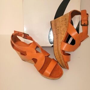 NWOT Nine West Entertaini Leather Orange Strappy Cork Wedge Sandals